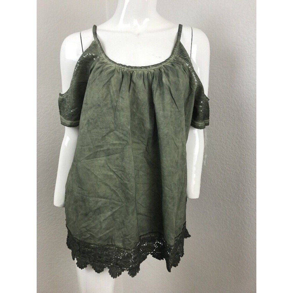Marled Women's Cold Shoulder Sequined Crochet Hem Moss Green Medium Blouse